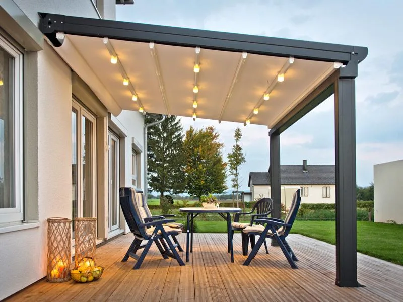Electric Retractable sloped pergola Awning with LED Lights- Pergola-with-Awning-Roof-Veranda-Retractable-roof-Blind-Systems-UK