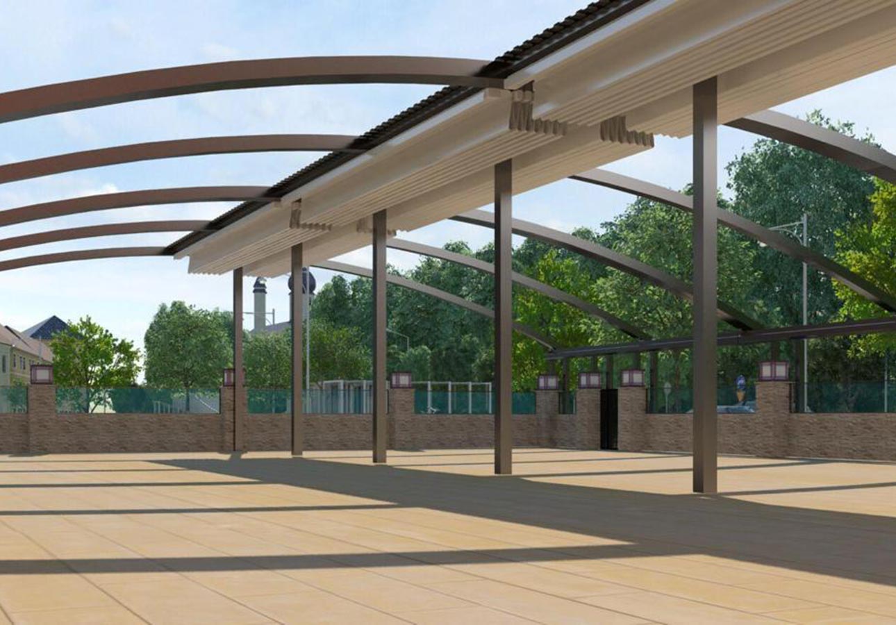 Awning pergola over a garden terrace with four posts