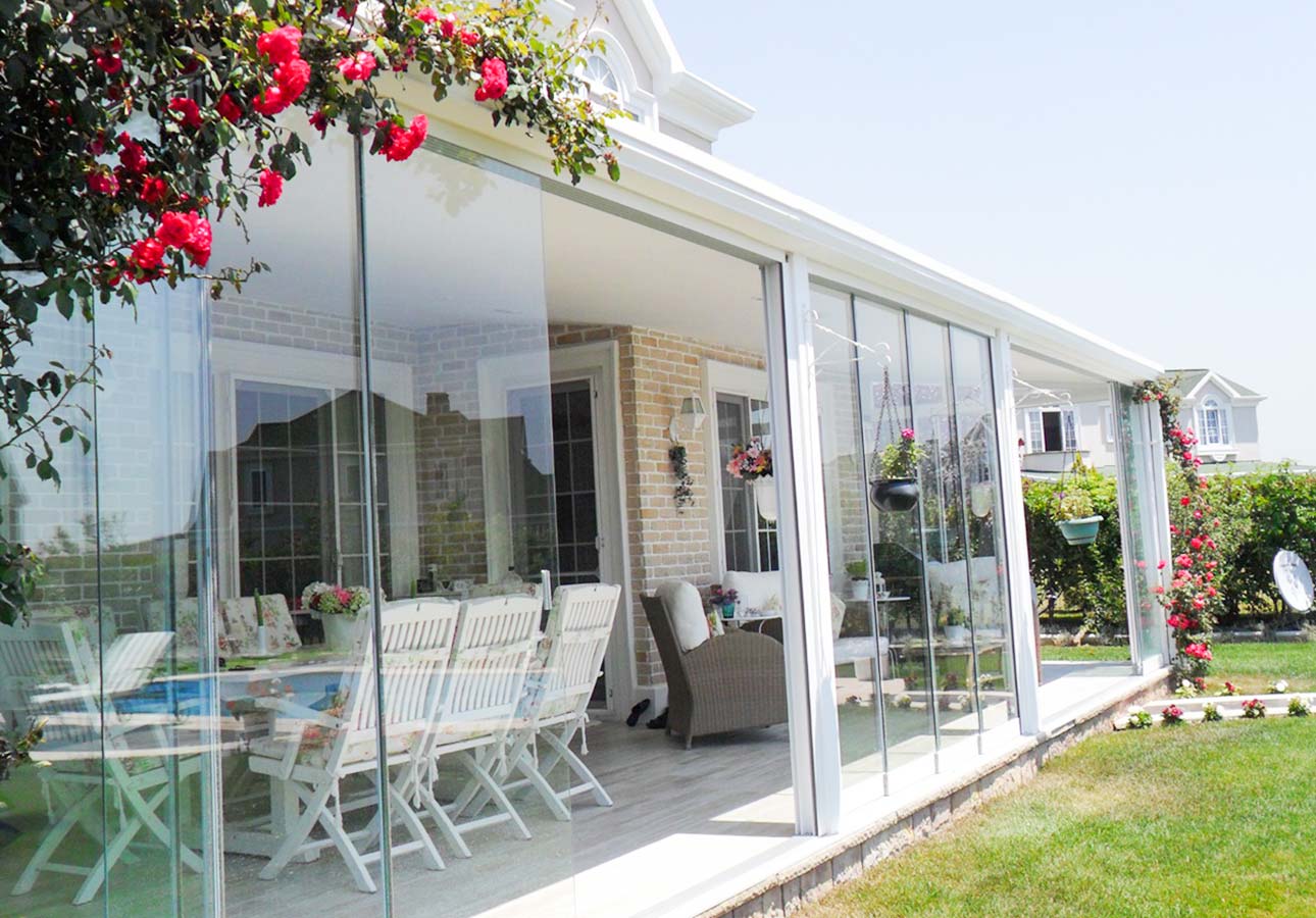 Frameless sliding glass on a covered veranda