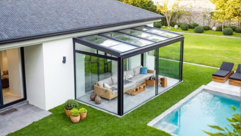 Garden Room Ideas, Lean-to-Conservatory-Pergola-with-Roof-and-Insulated-Garden-Room-UK
