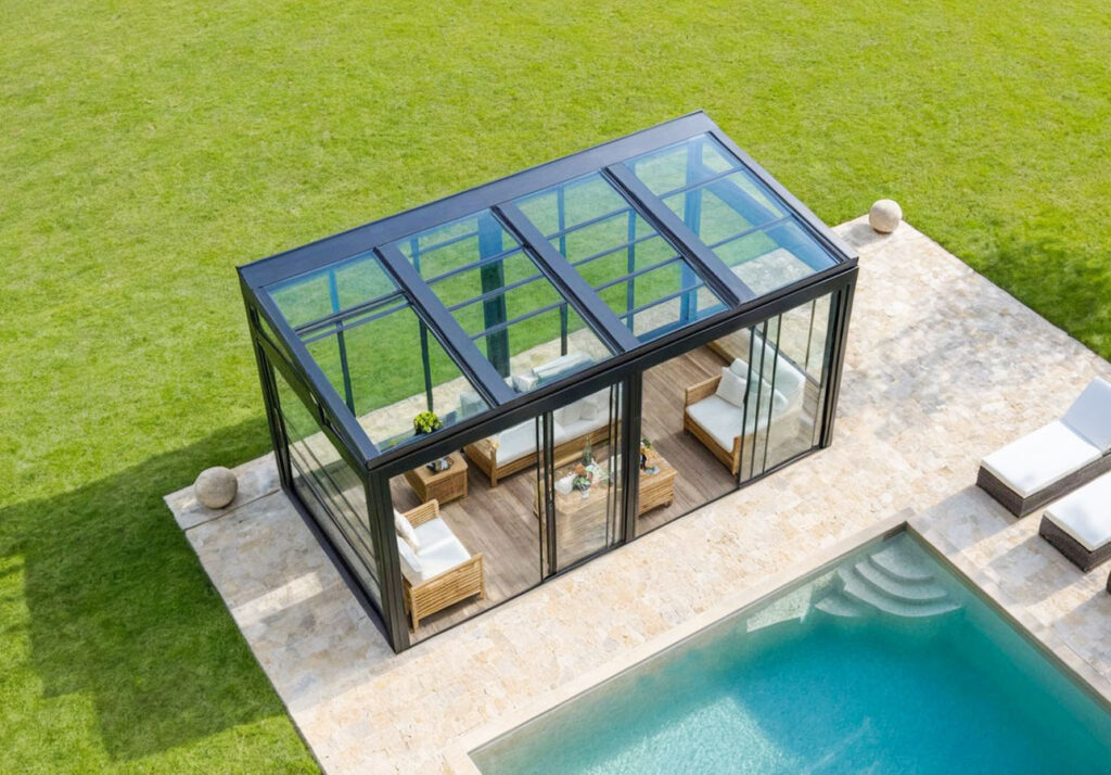 Retractable Glass Roof Pergola - Lean-to-Conservatory-Pergola-with-Roof-and-Insulated-Garden-Room-UK