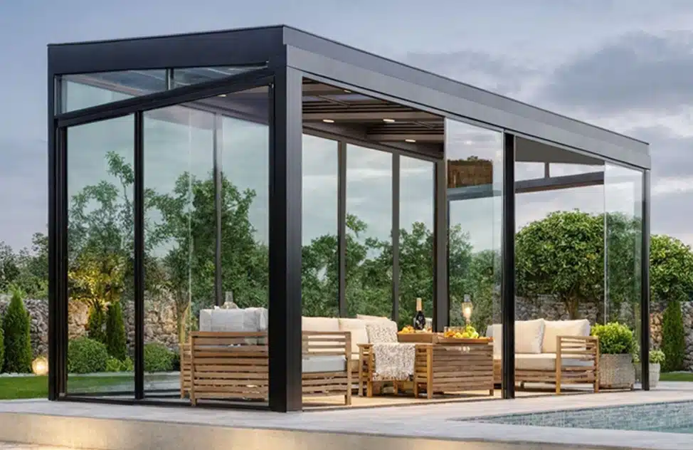 Premium pergola with roof system for stylish year-round outdoor living