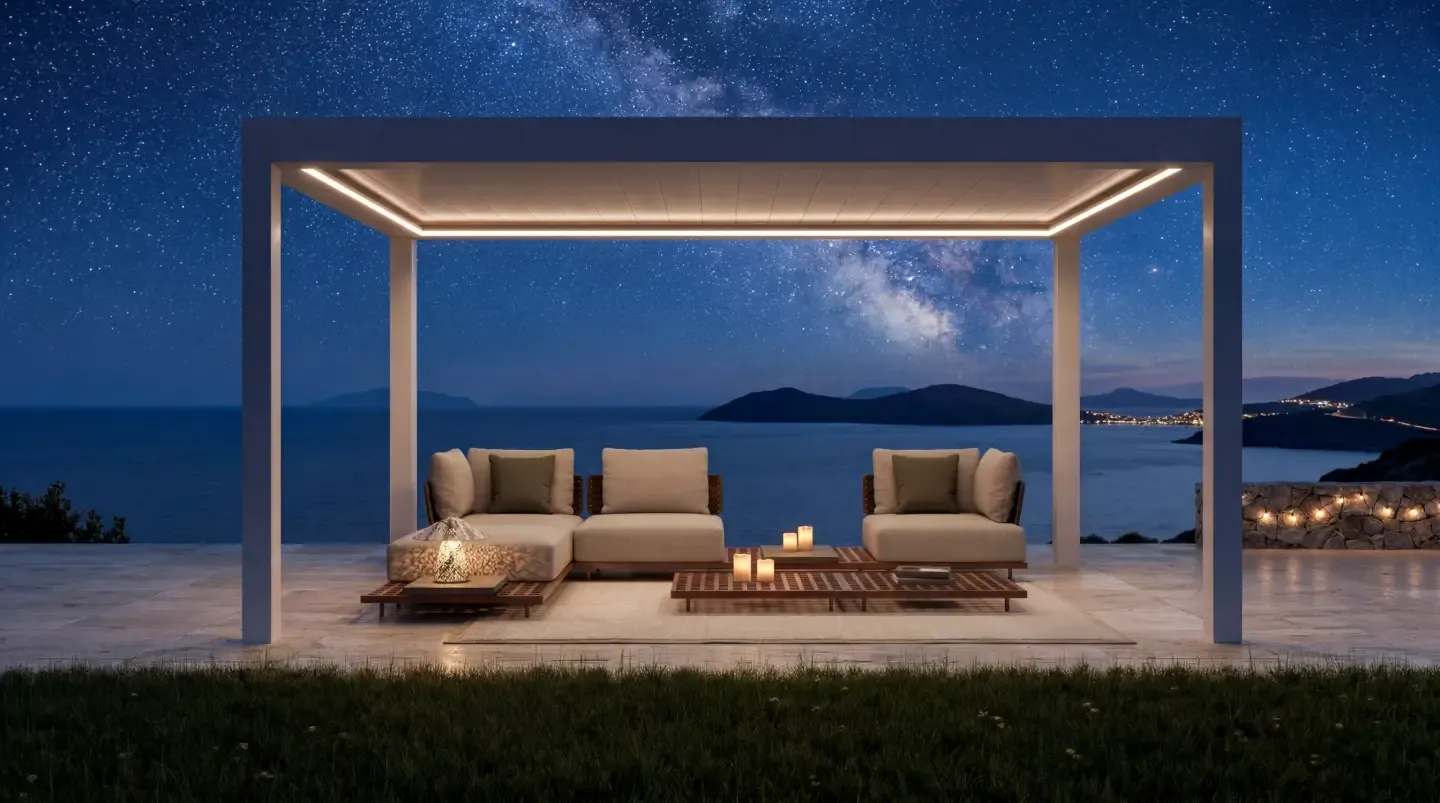 Bioclimatic pergola with ambient lighting in the evening