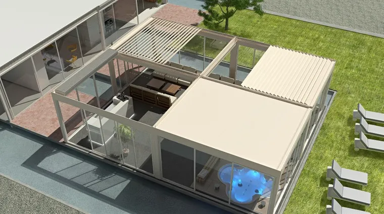 Aerial view of bioclimatic pergola glass rooms beside a house