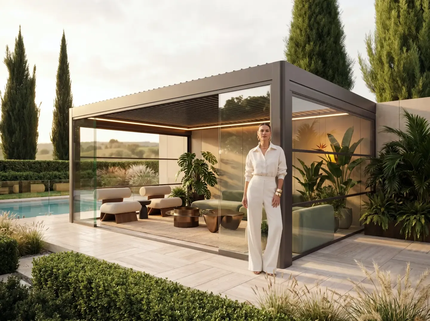 Bioclimatic pergola modules joined with a connection beam