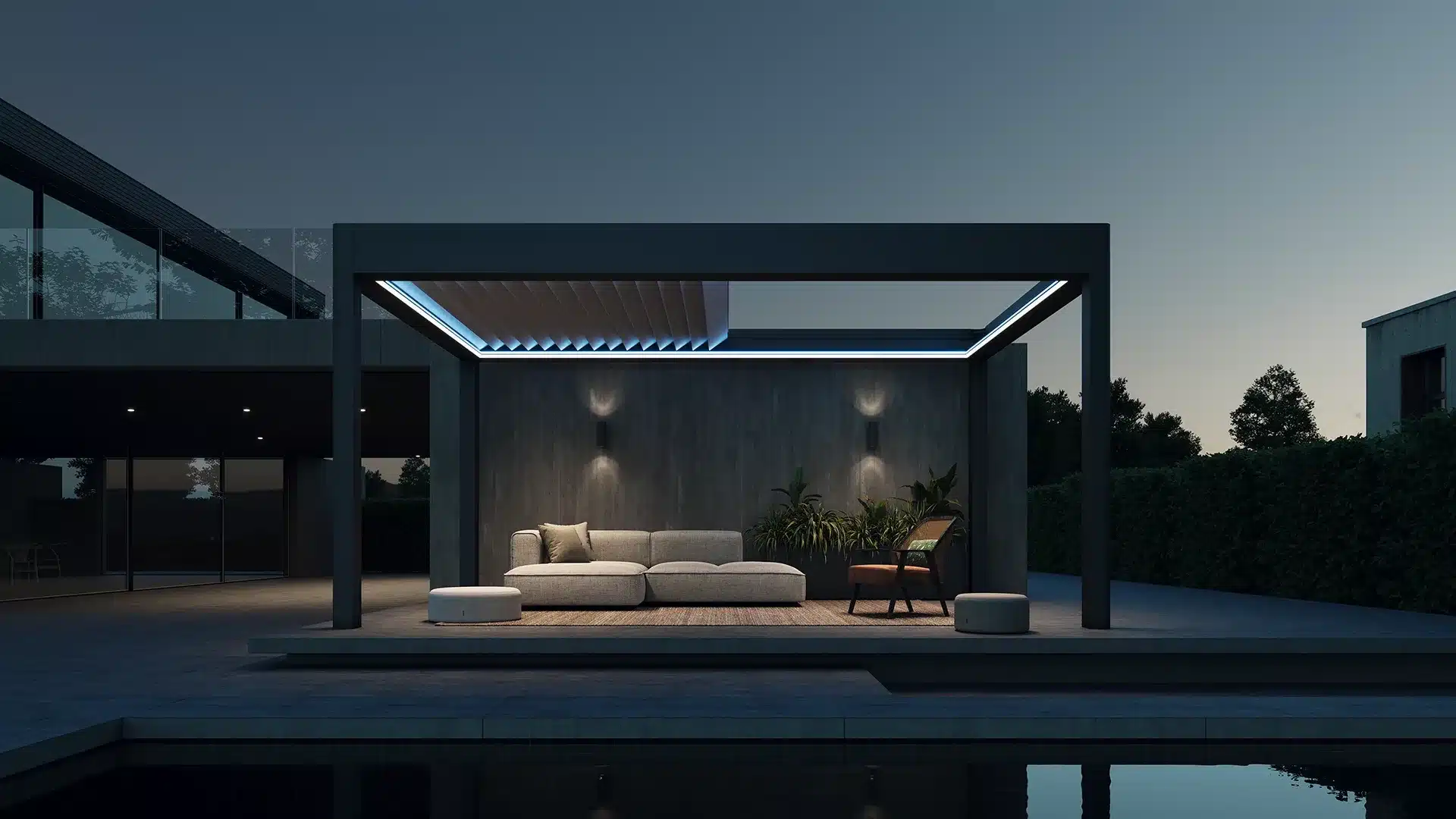 Bioclimatic pergola with LED lighting at night