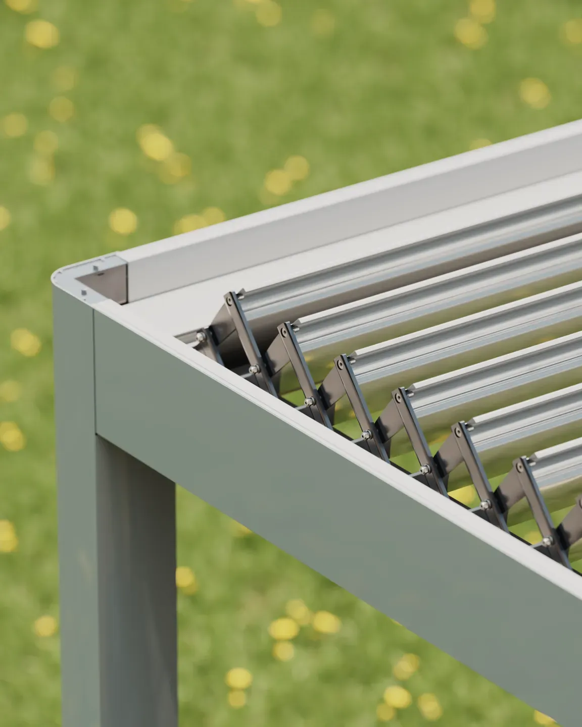 Scissor mechanism linking bioclimatic pergola louvres
