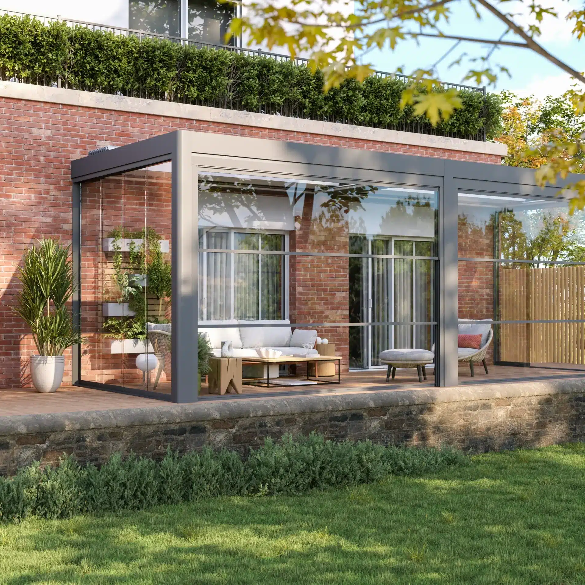 Bioclimatic pergola enclosed with sliding glass walls