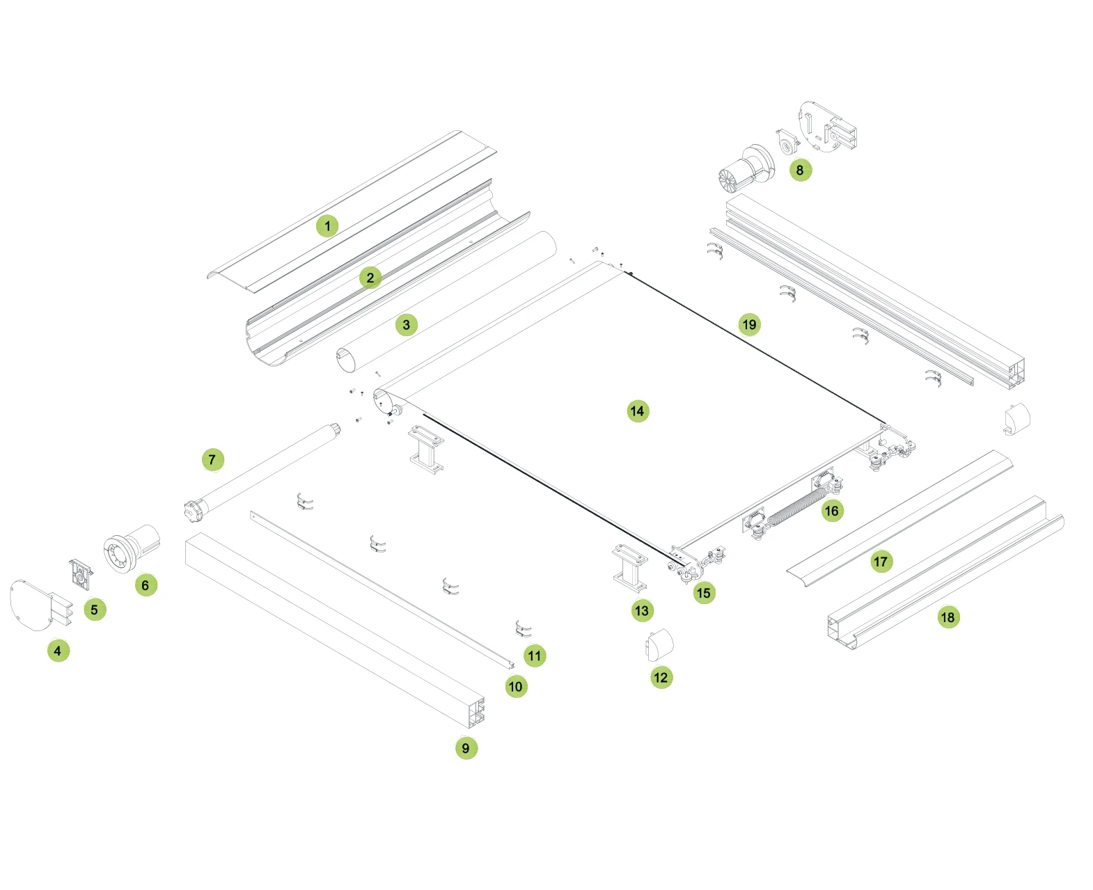 Exploded diagram of external roof blind parts