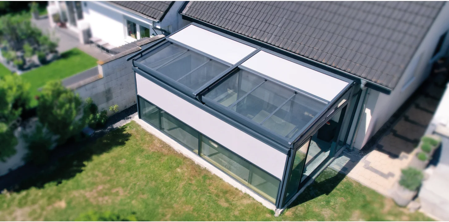 External roof blind on a glass roof seen from above