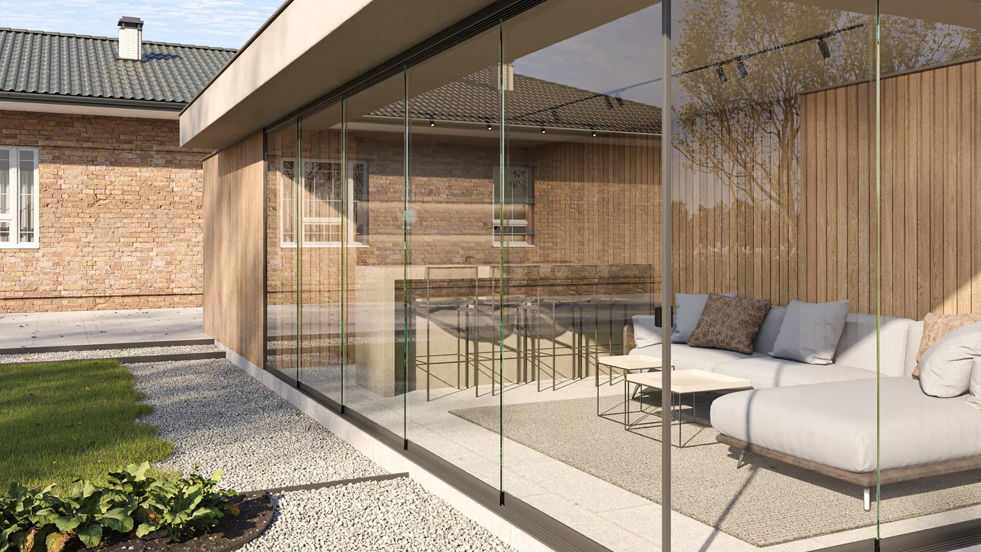 Frameless sliding glass doors in a garden room