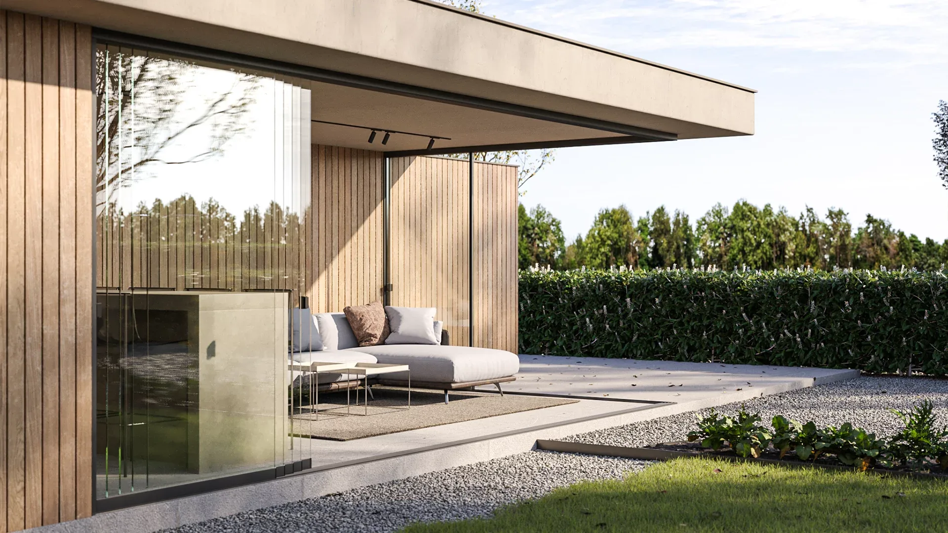 Frameless sliding glass walls on a modern house