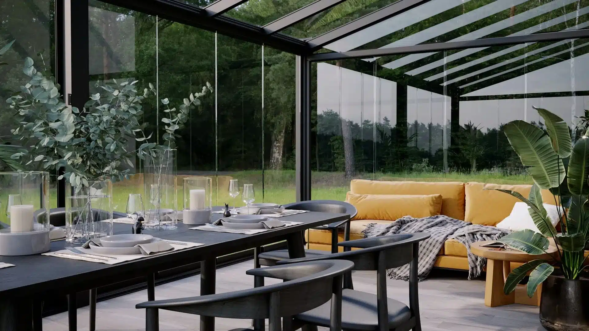 Outdoor dining under a glass roof veranda