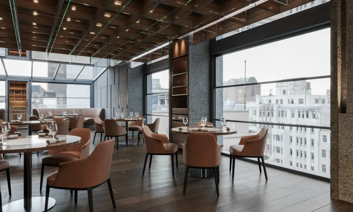 Restaurant with guillotine glass overlooking the city