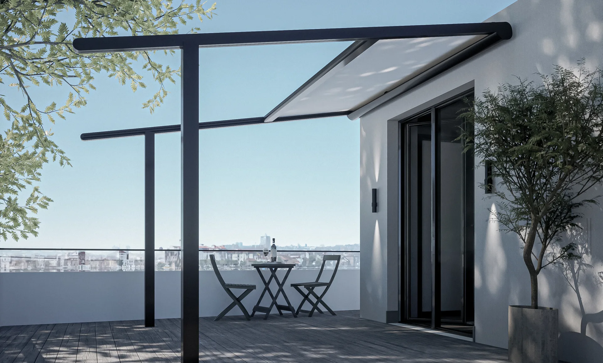 Horizontal zip screen roof blind shading a terrace