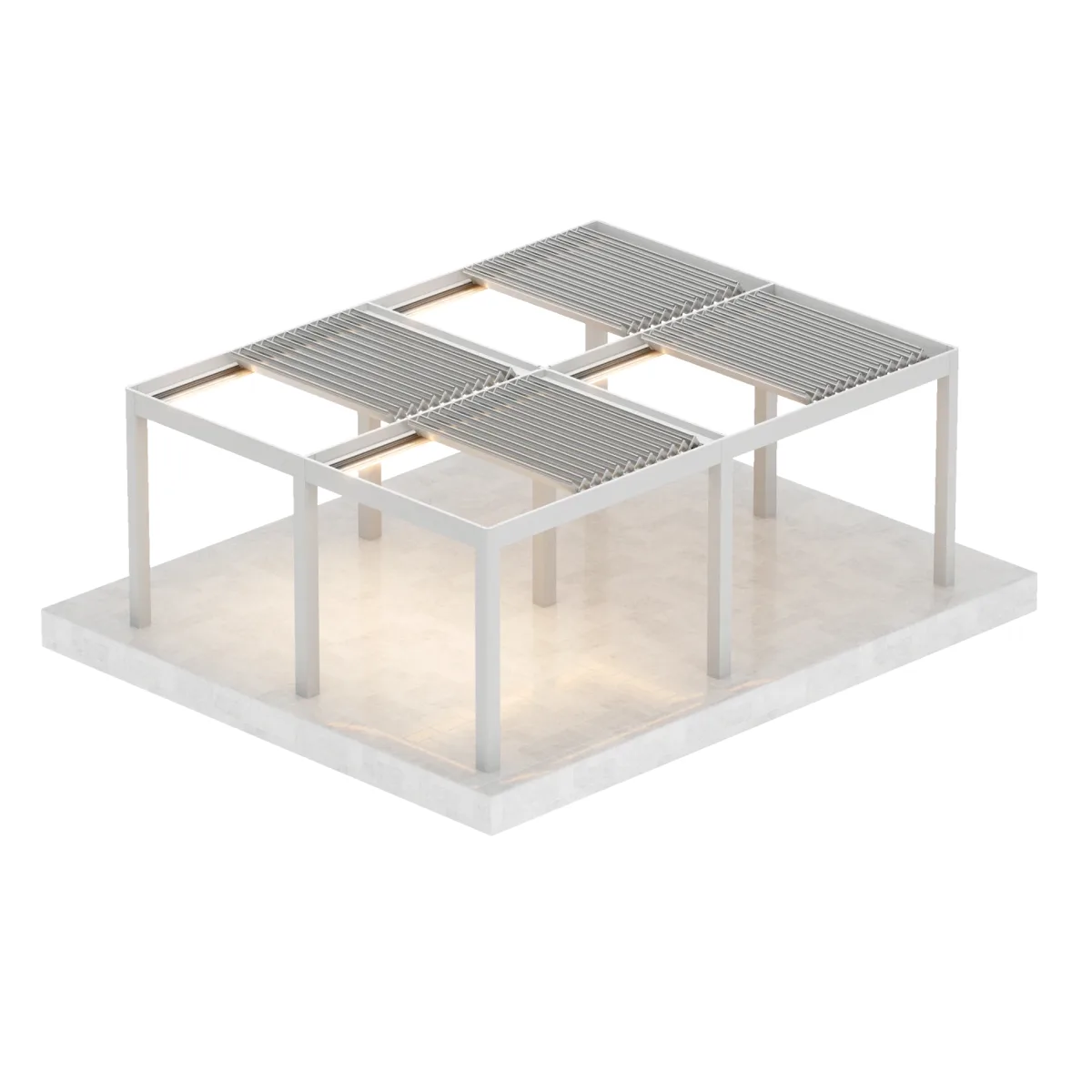 Four-module bioclimatic pergola with single centre post