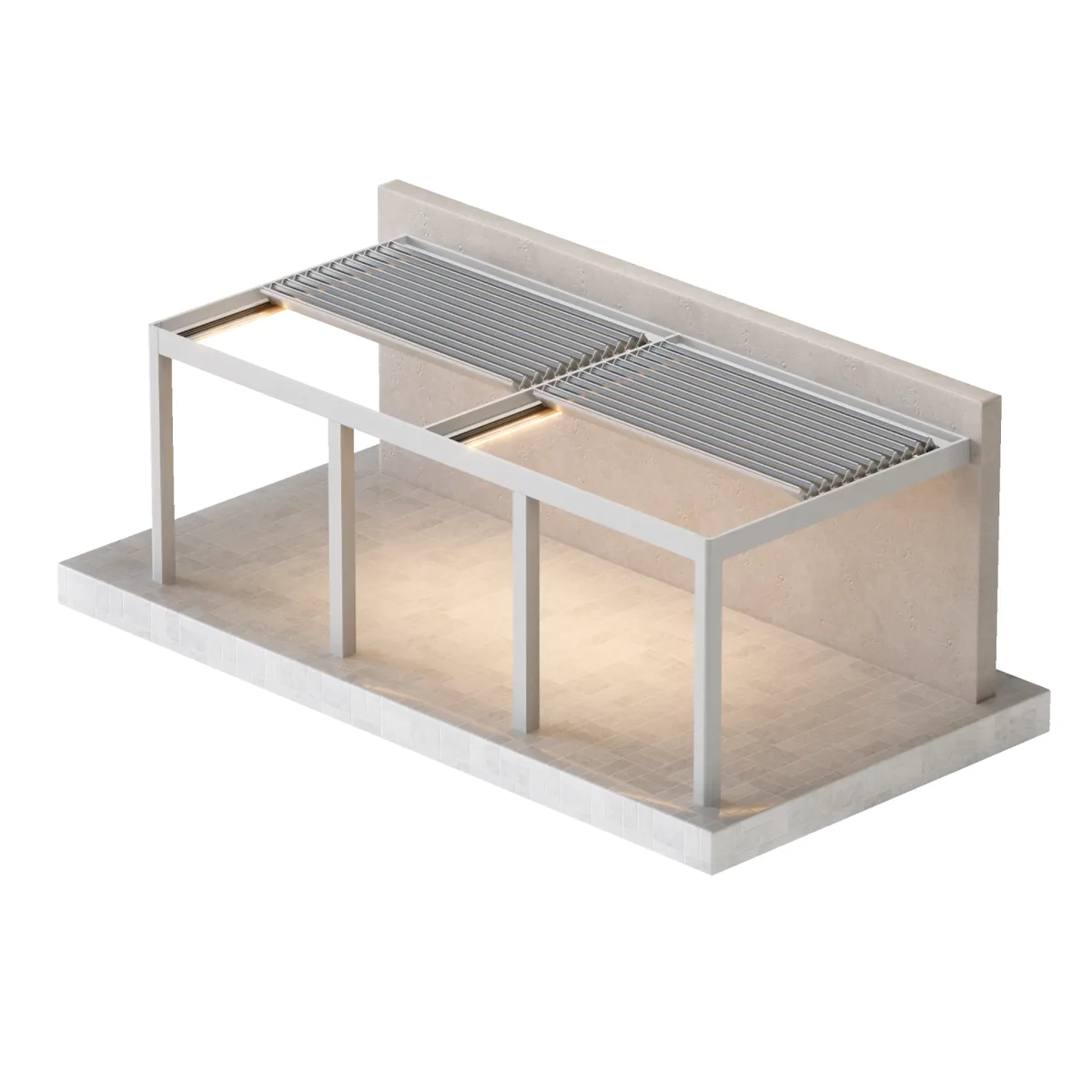 Wall-mounted bioclimatic pergola with offset posts at module joints