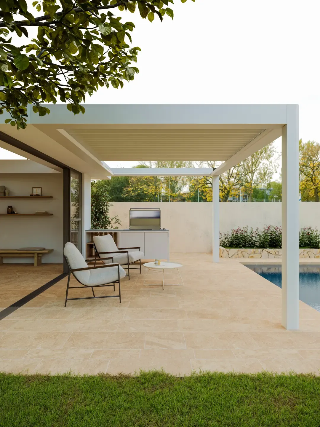 Modular bioclimatic pergola attached to a house terrace