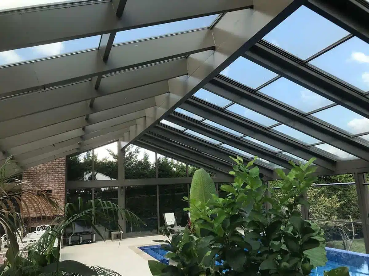 Underside of a fixed glass roof veranda