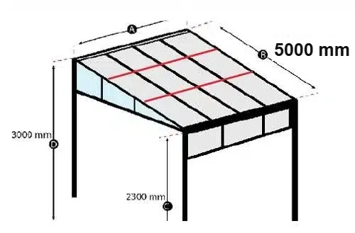 Fixed glass roof pergola drawing, 5000 mm wide x 3000 mm projection