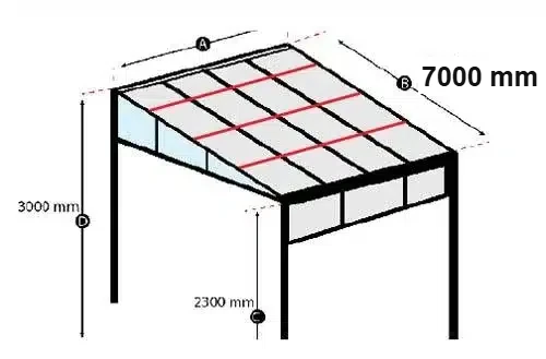 Fixed glass roof pergola drawing, 7000 mm wide x 3000 mm projection
