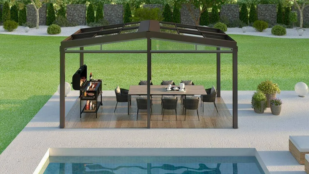 Retractable glass roof over a poolside terrace