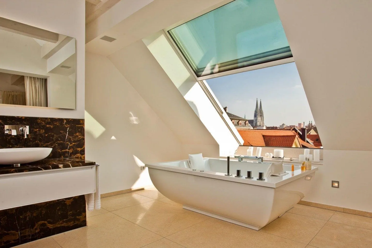 Sliding glass roof over a luxury bathroom