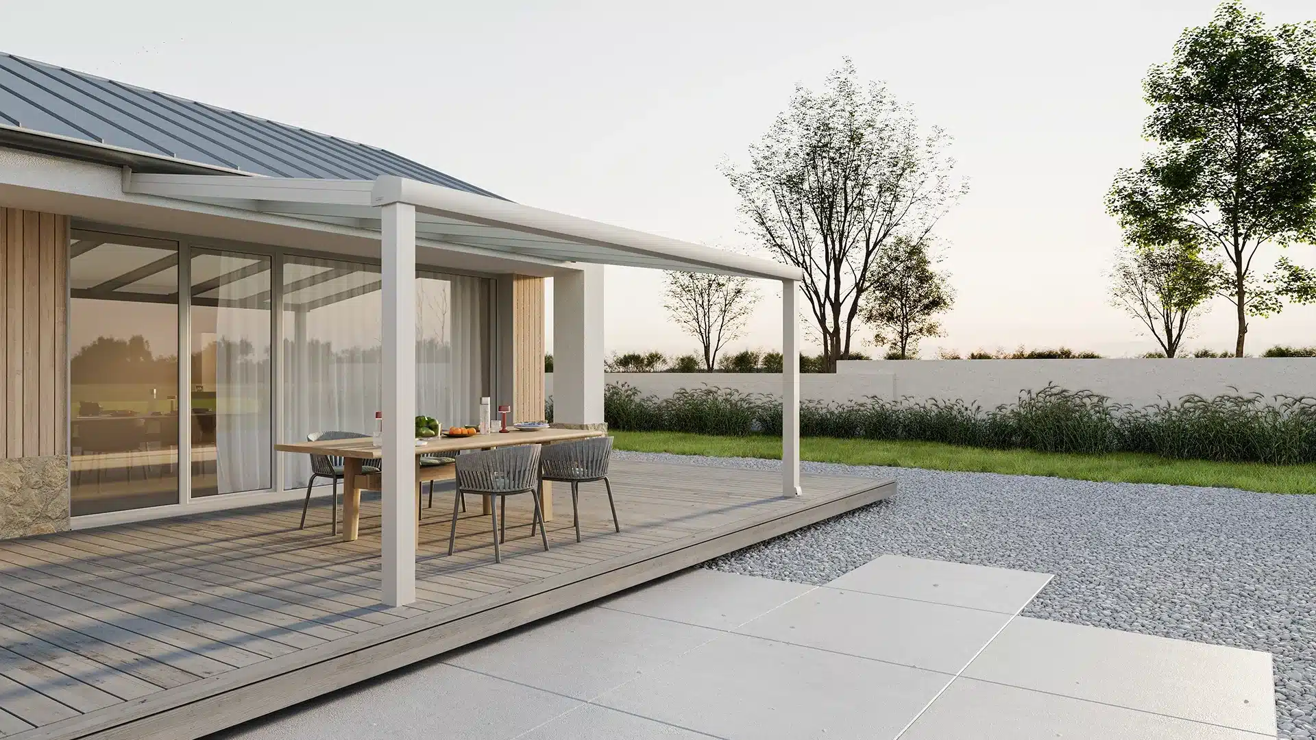 Fixed glass roof pergola over a patio at a modern house